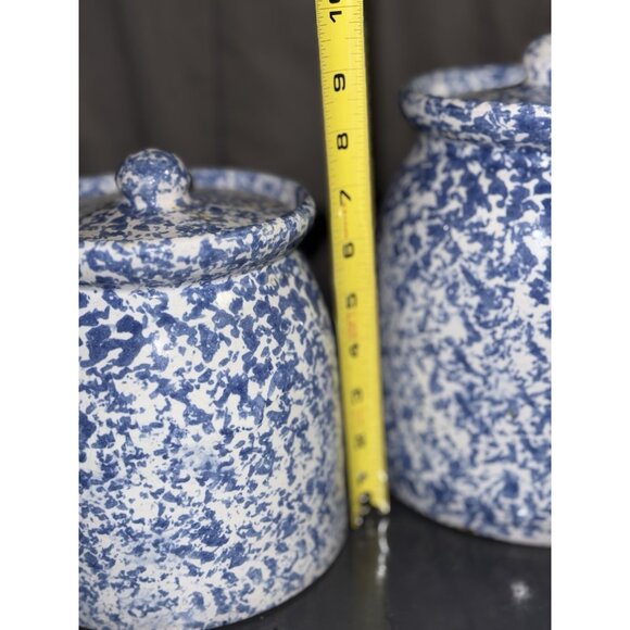 Blue Spongeware Large Storage Jars & Lids Crock Pair Of 7” And 9” - Picture 6 of 12